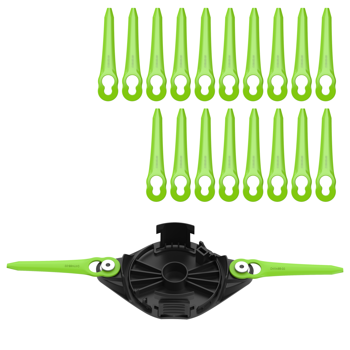 Set of green plastic components with a black and green device on a white background