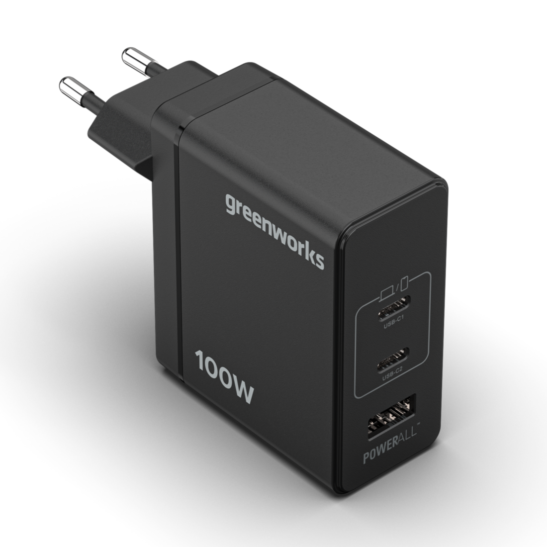 Black power adapter with multiple USB ports and 'greenworks' branding on a white background