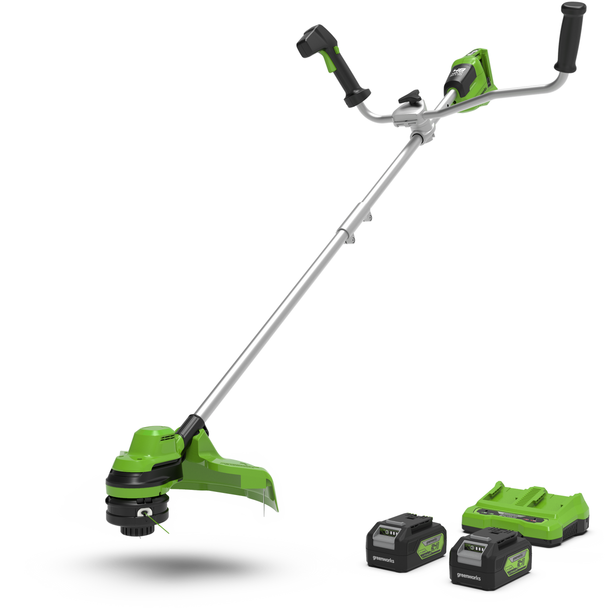 A green and black bike handle brush cutter with a 38 cm cutting width, equipped with two 24V batteries.