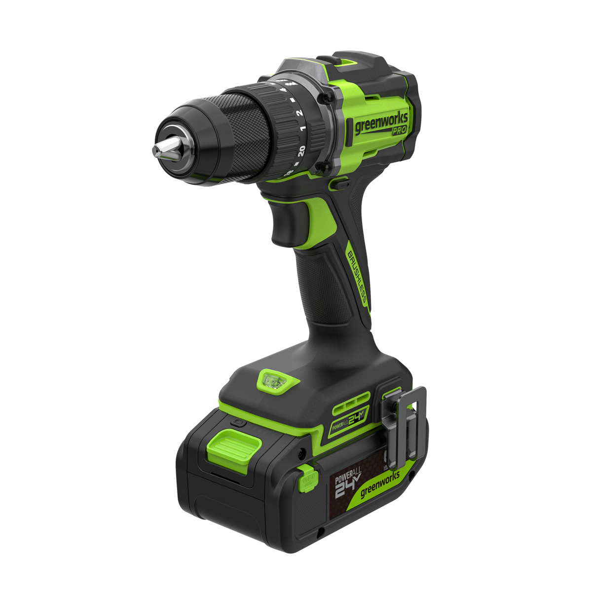 Greenworks cordless drill driver with a black and lime green body, shown on a solid white background.