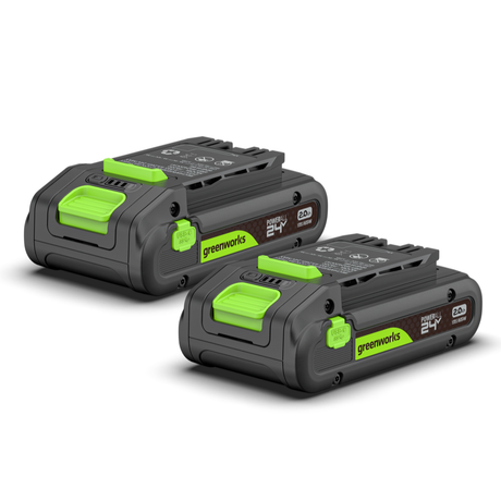 Two Greenworks power tool batteries on a white background