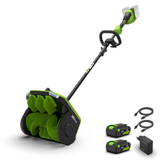 A cordless snowblower with a long black handle, bright green and black body, shown on a white background with two battery packs, cables, and a charger.