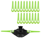 Set of green plastic components with a black and green device on a white background