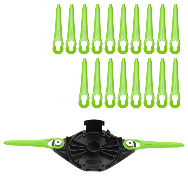 Set of green plastic components with a black and green device on a white background