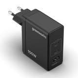 Black power adapter with multiple USB ports and 'greenworks' branding on a white background