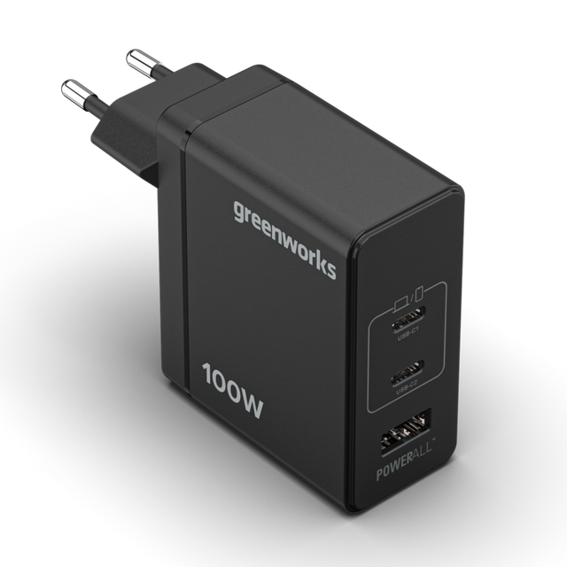 Black power adapter with multiple USB ports and 'greenworks' branding on a white background