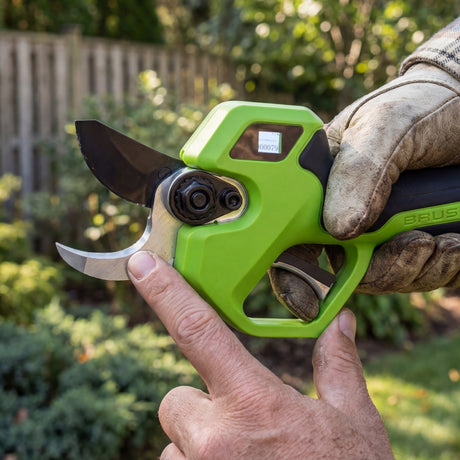 A close-up of a person's hands holding a green and black pruning shears tool outdoors in a garden setting, with one hand wearing a work glove.