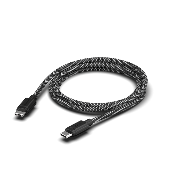 Black braided cable with USB connectors on a white background