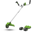 A green and black bike handle brush cutter with a 38 cm cutting width, equipped with two 24V batteries.