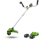 A green and black bike handle brush cutter with a 38 cm cutting width, equipped with two 24V batteries.