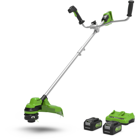 A green and black bike handle brush cutter with a 38 cm cutting width, equipped with two 24V batteries.