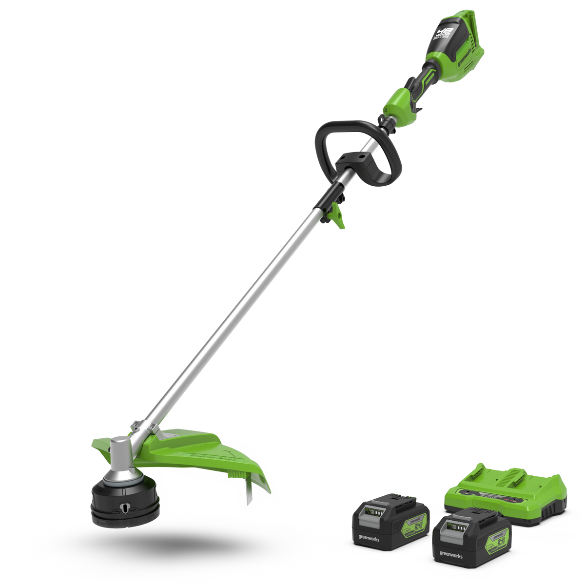 A green and black 24V grass trimmer with a 40cm cutting width and two batteries.