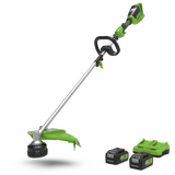A green and black 24V grass trimmer with a 40cm cutting width and two batteries.