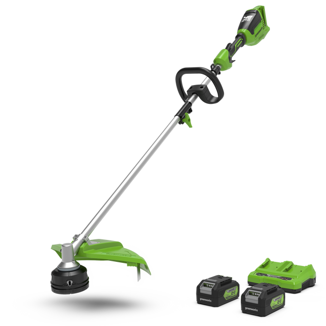 A green and black 24V grass trimmer with a 40cm cutting width and two batteries.