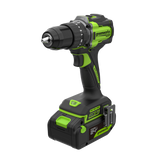 Greenworks cordless drill driver with a black and lime green body, shown on a solid white background.