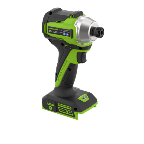 A cordless impact wrench with a black and lime green body, a silver chuck, and a matching black and lime green battery base, shown on a solid white background.