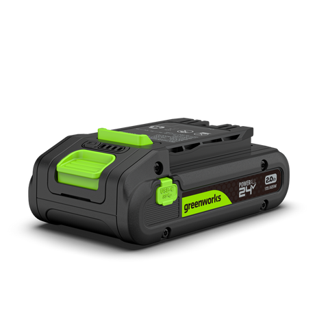 Greenworks battery pack on a white background