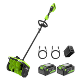 Green and black cordless snow blower set with batteries and charger on a white background