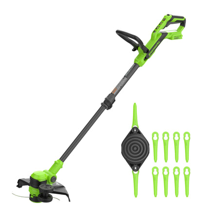 Green and black string trimmer with additional attachments on a white background